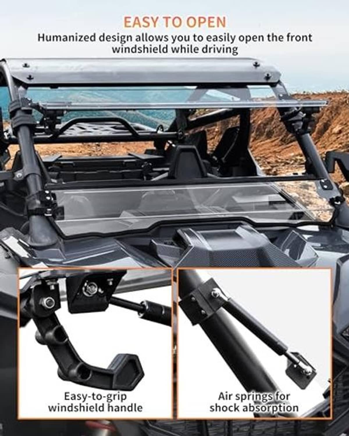 Flip-up UTV windshield with clear front panel and black support handle