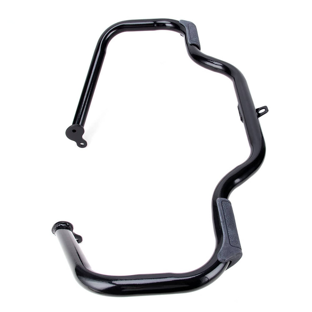 Black motorcycle engine crash guard bar frame with side mounts and gray pads