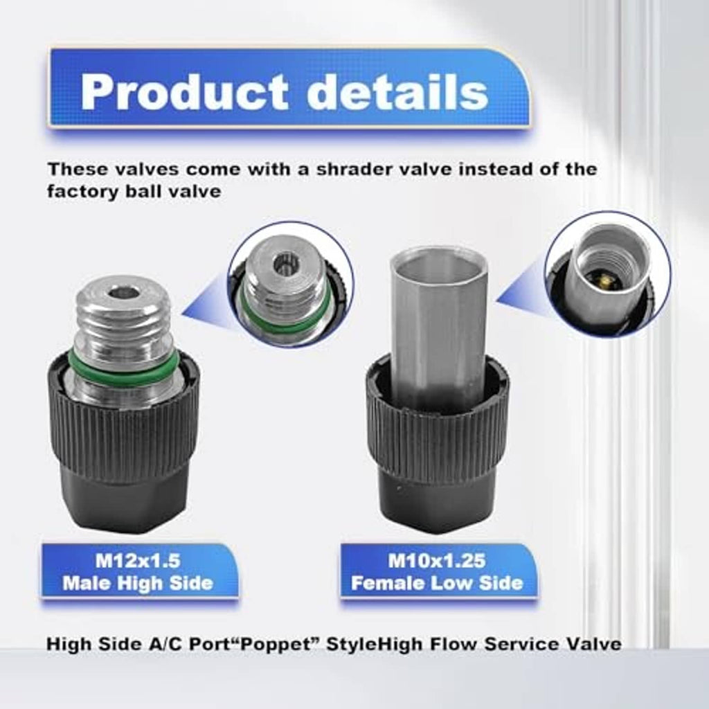 High-side refrigeration service valve detail showing M12x1.5 male and M10x1.25 female ports