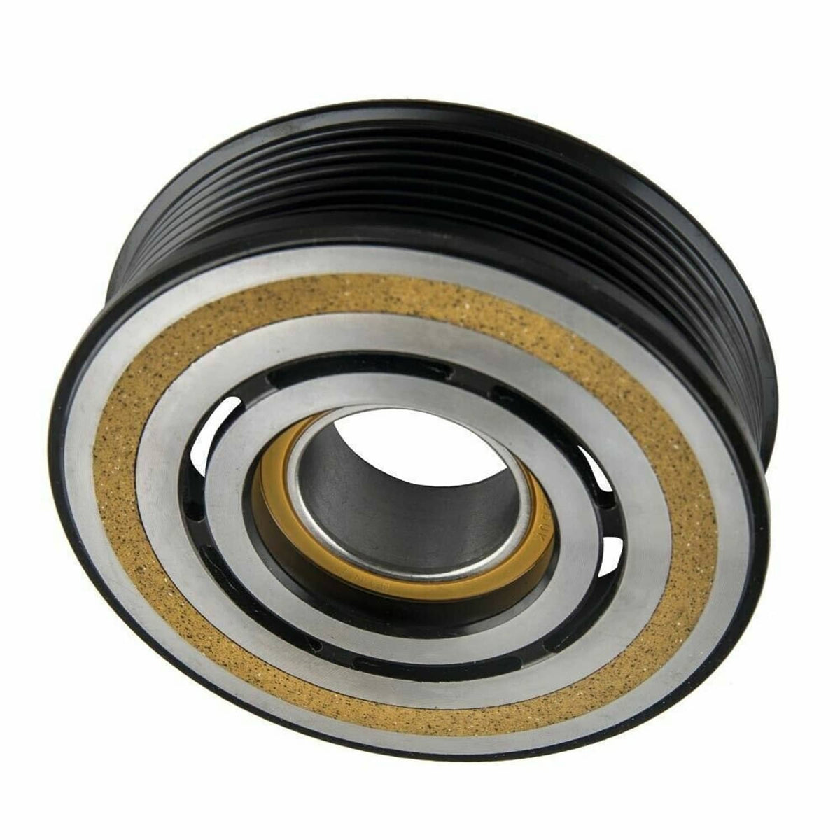 AC compressor clutch pulley with black housing and bronze friction ring