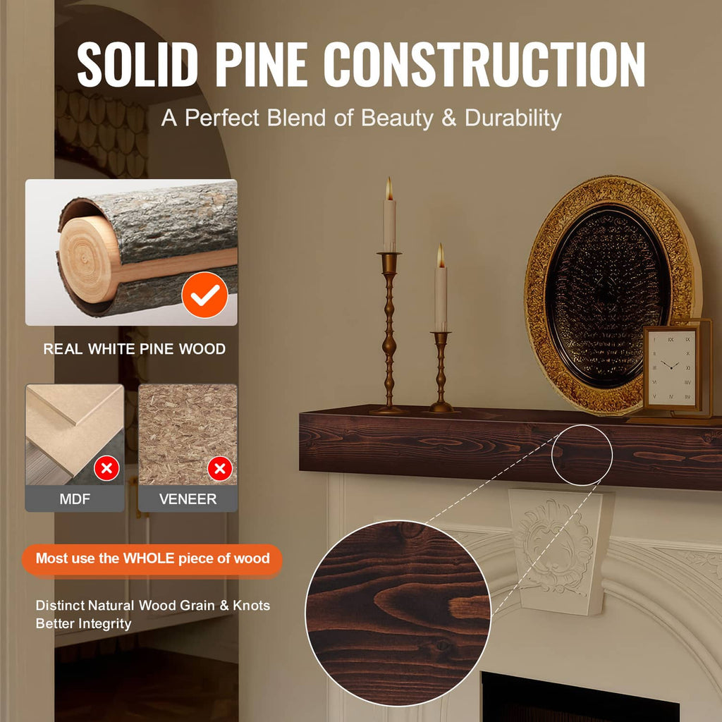 Dark brown wood mantel shelf with visible knots and natural pine grain texture