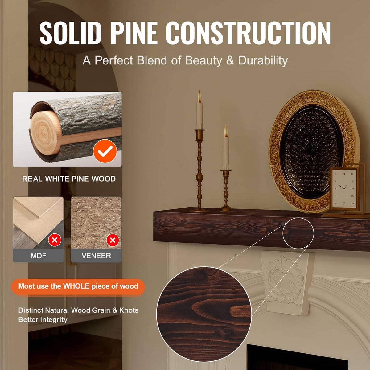 Dark brown wood mantel shelf with visible knots and natural pine grain texture