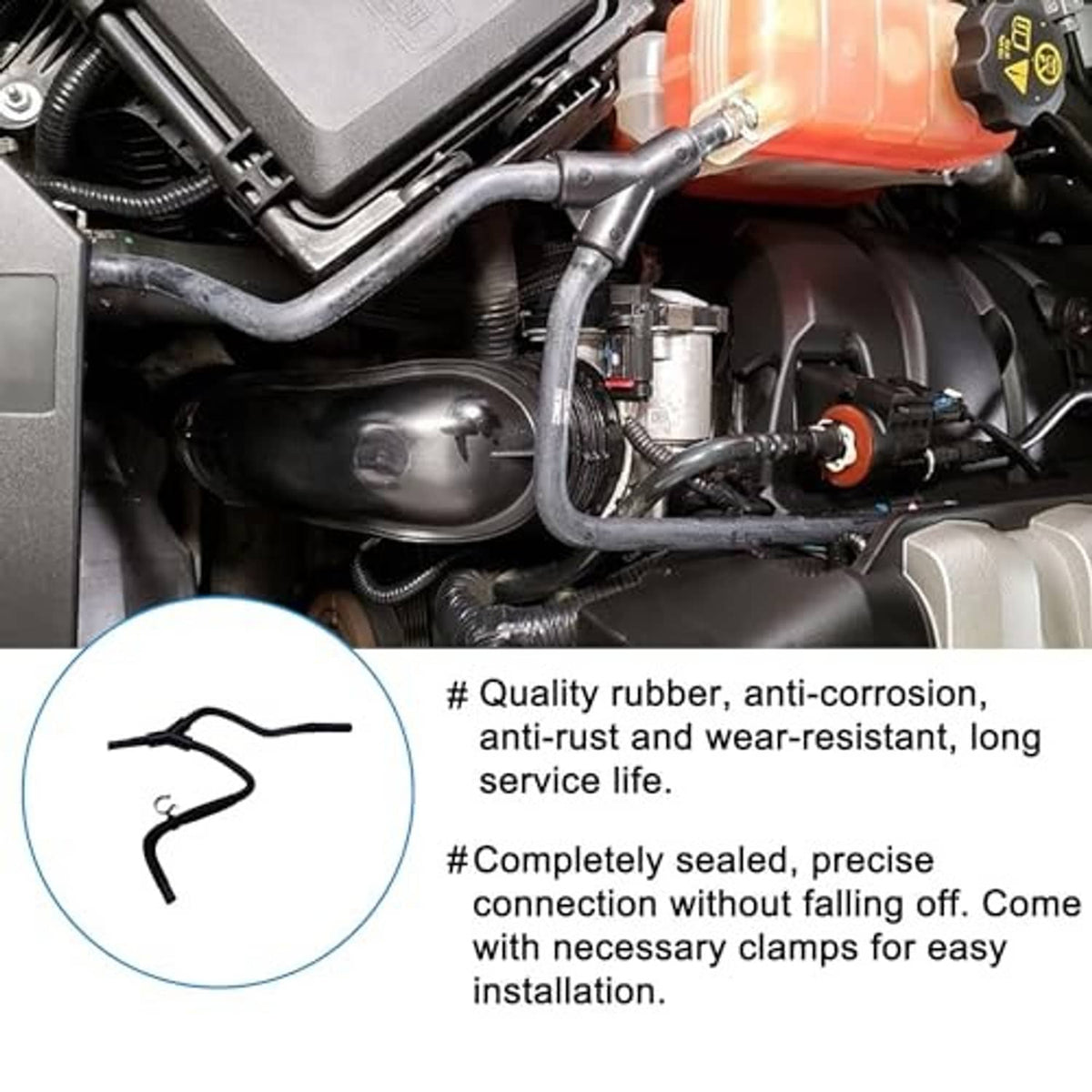 Black coolant hose connected in an engine compartment near an orange reservoir