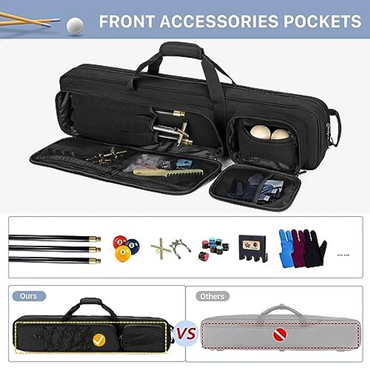 Black pool cue case with front accessory pockets and open main storage