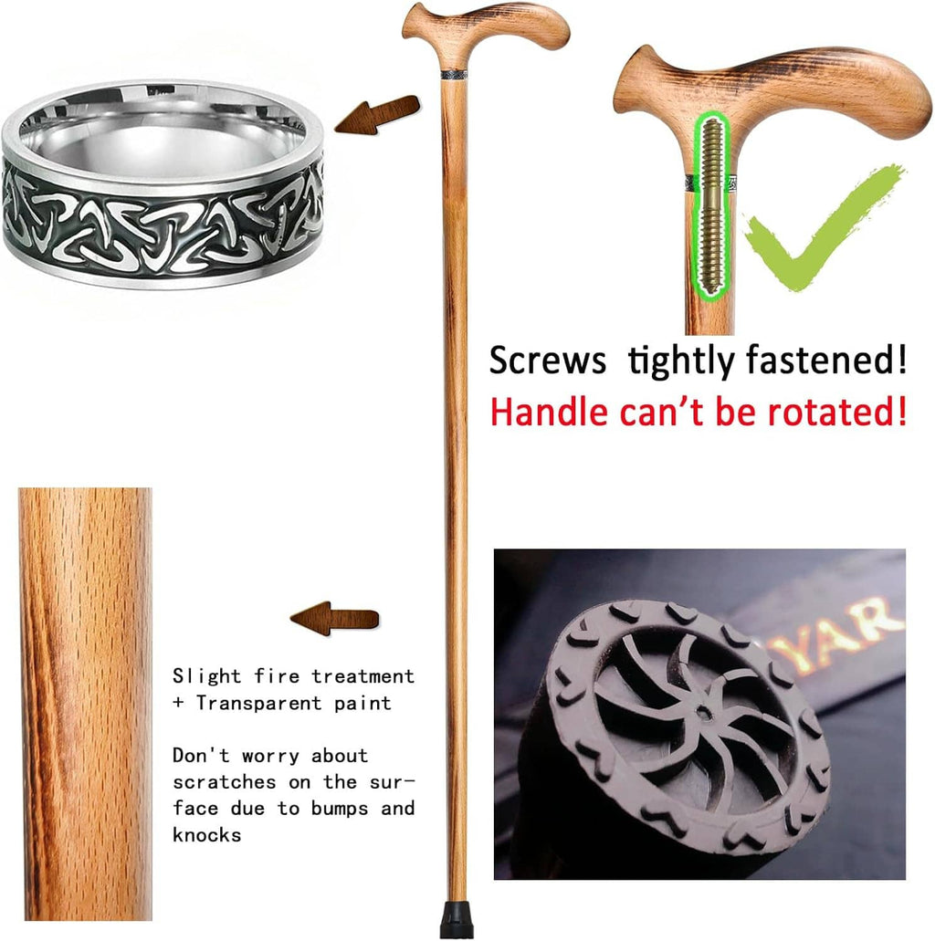 Wooden walking cane with curved handle and black rubber tip, wood grain detail