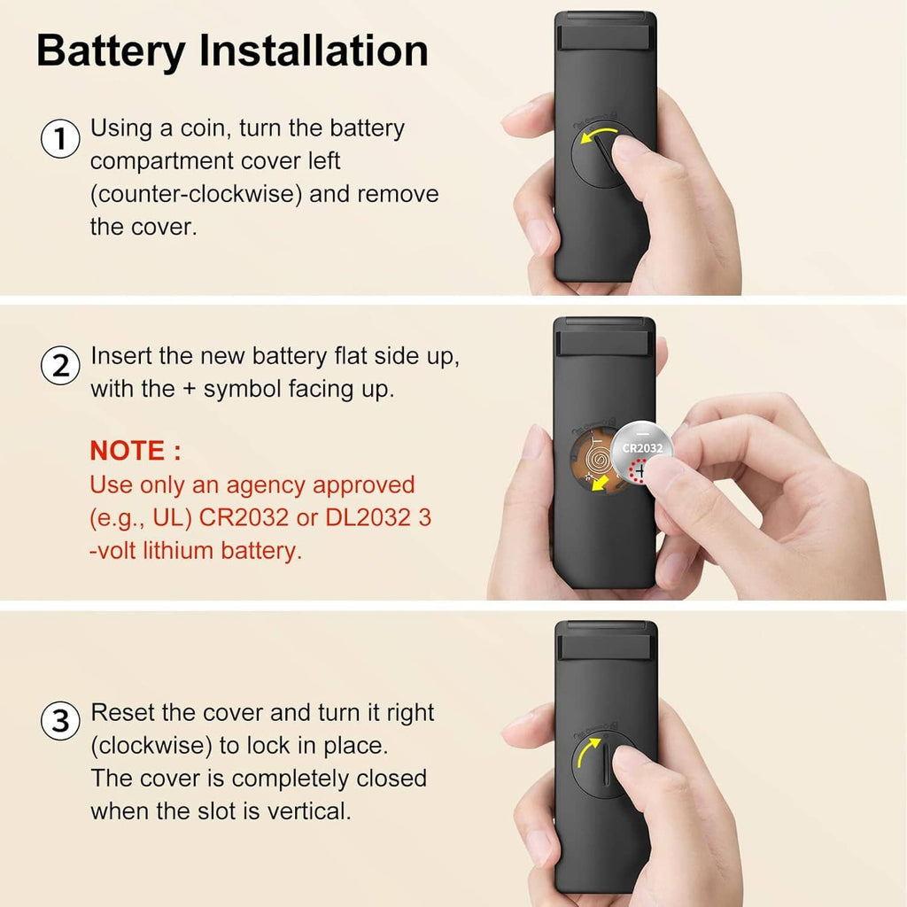 Black remote control with battery cover removal and replacement steps