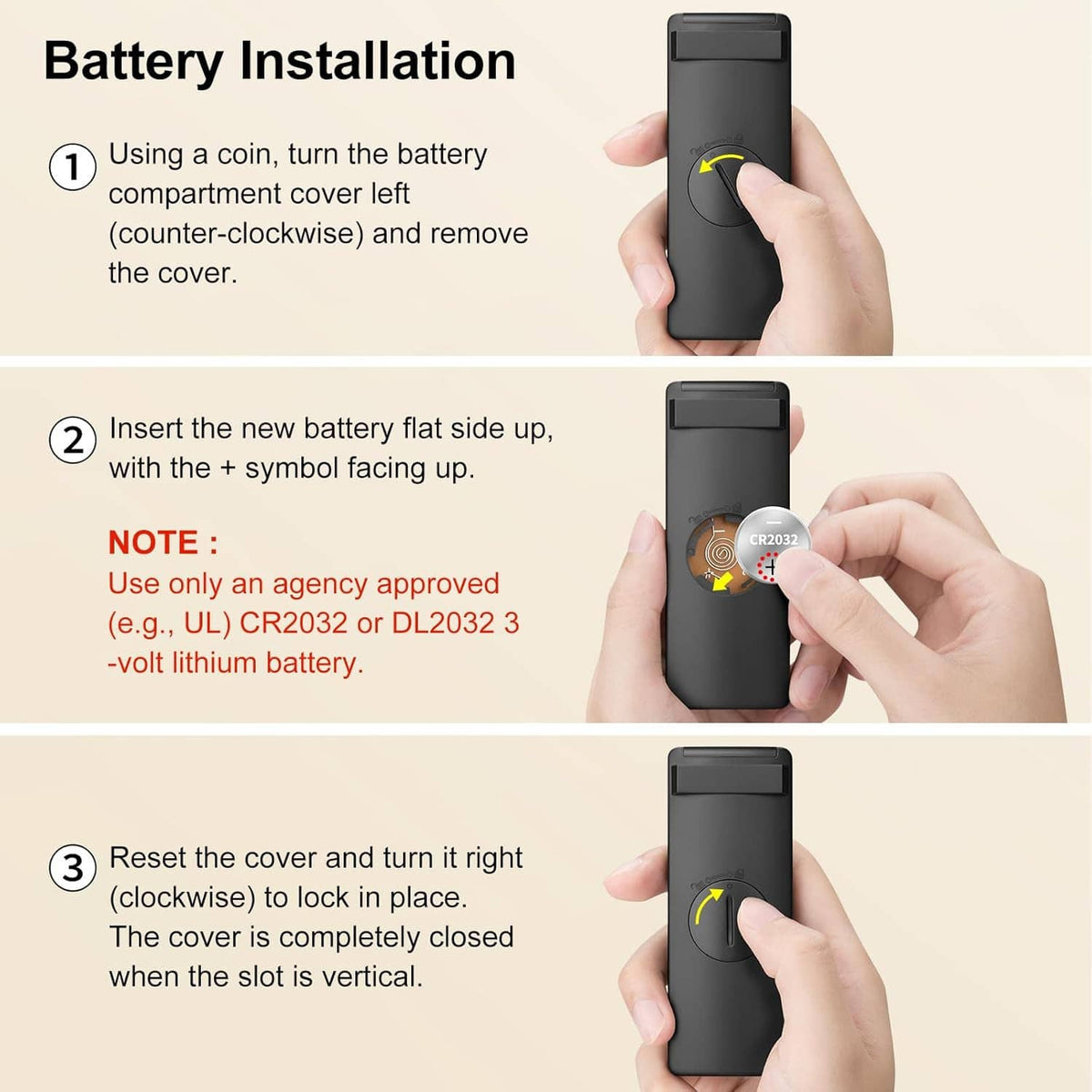 Black remote control with battery cover removal and replacement steps
