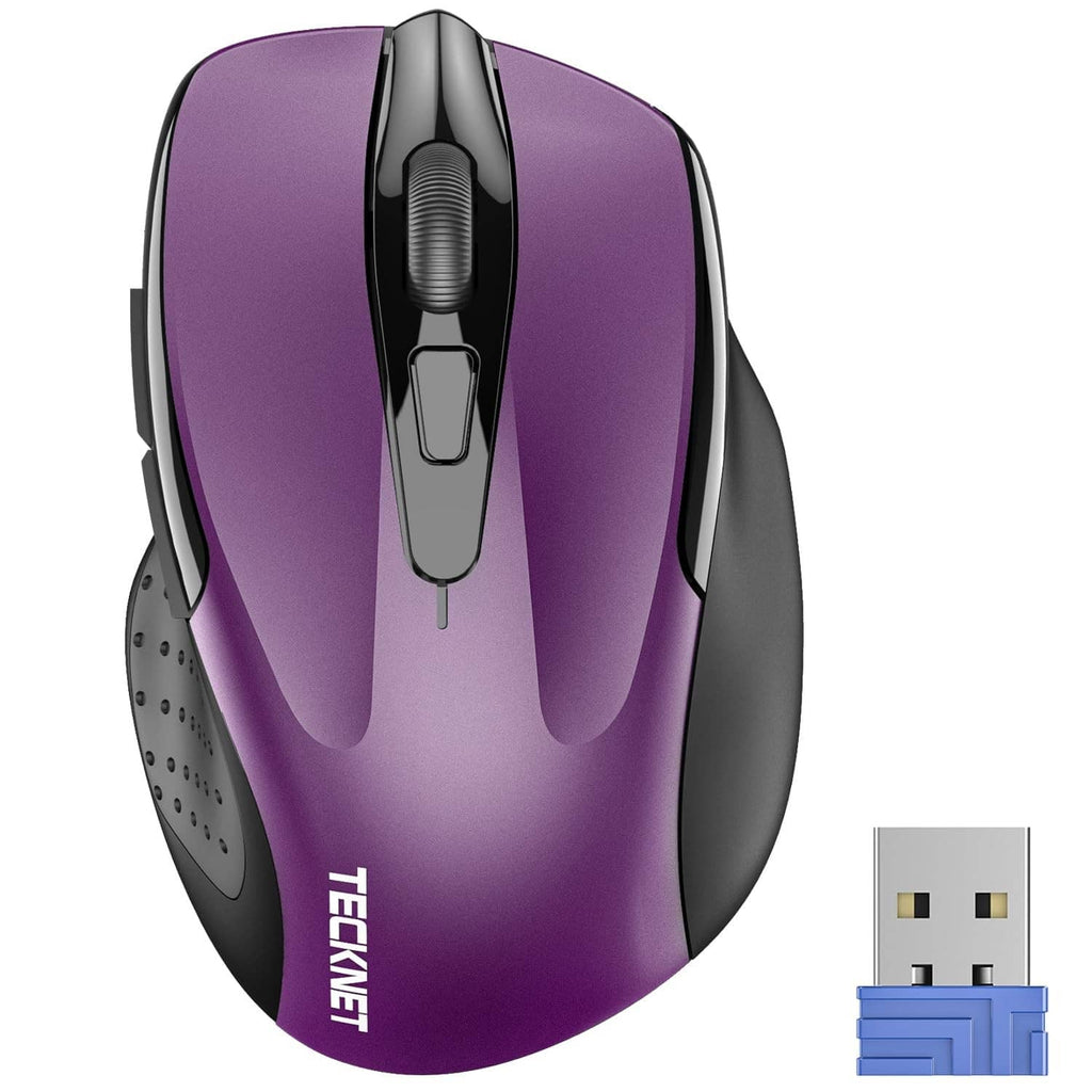Purple and black ergonomic optical wireless mouse, curved shell and side grip