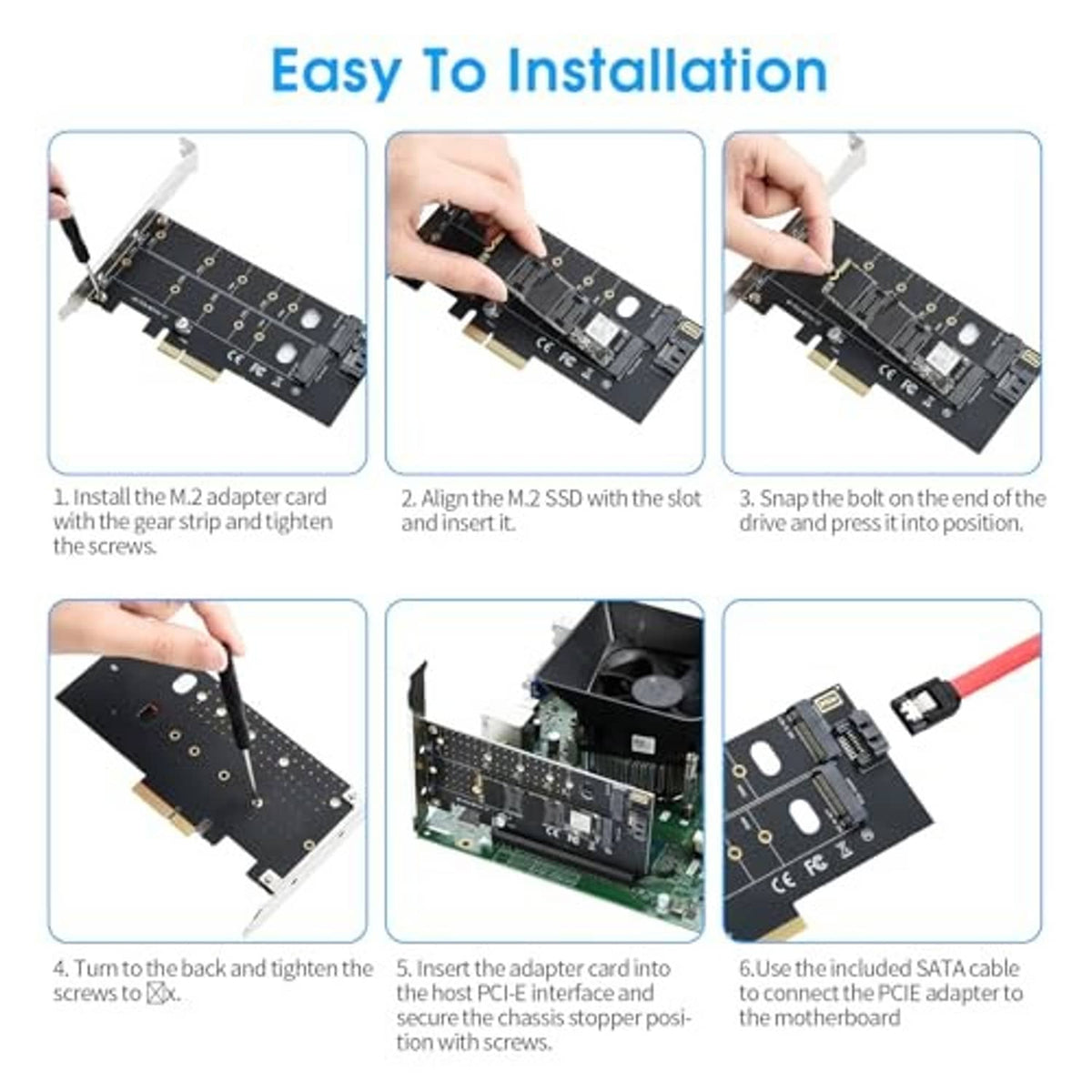 M.2 PCIe adapter with step-by-step installation graphic and included SATA cable