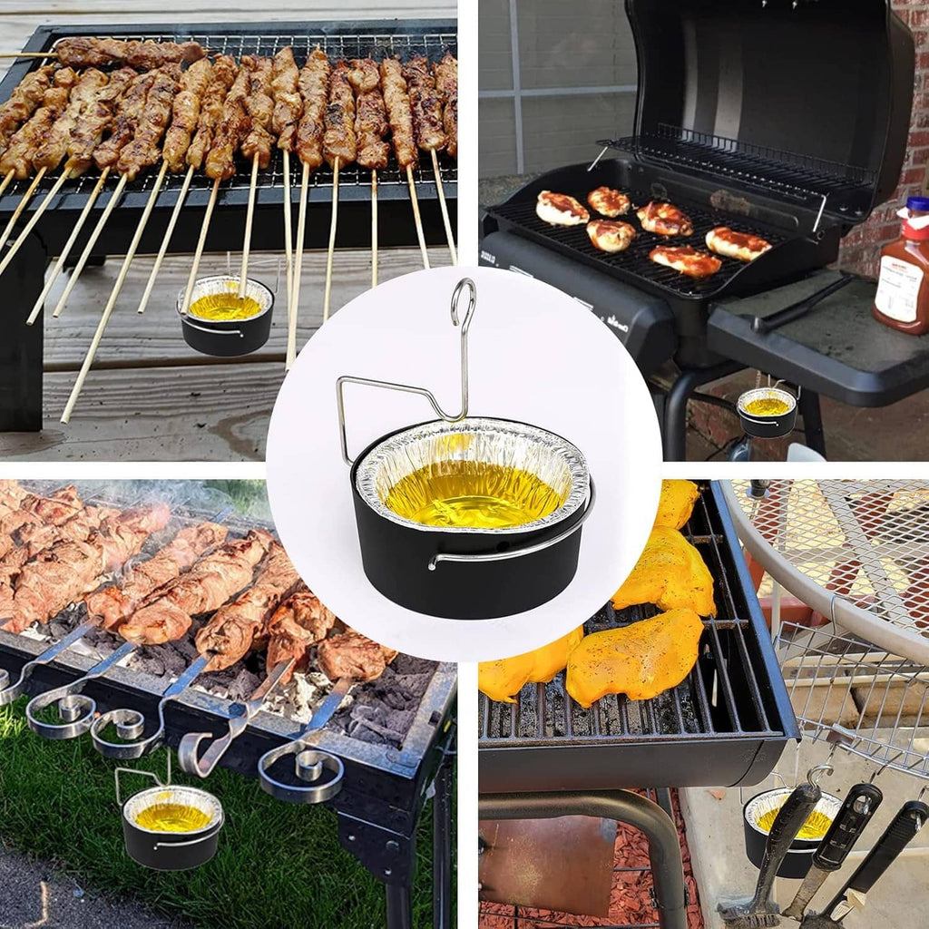 Grease cup holder shown on a grill with a foil grease cup liner