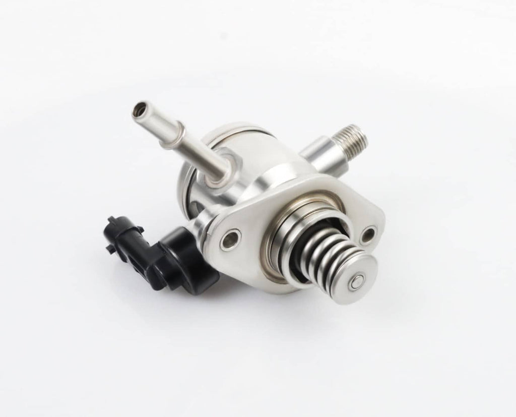High pressure fuel pump with metal housing and black connector, three-quarter view