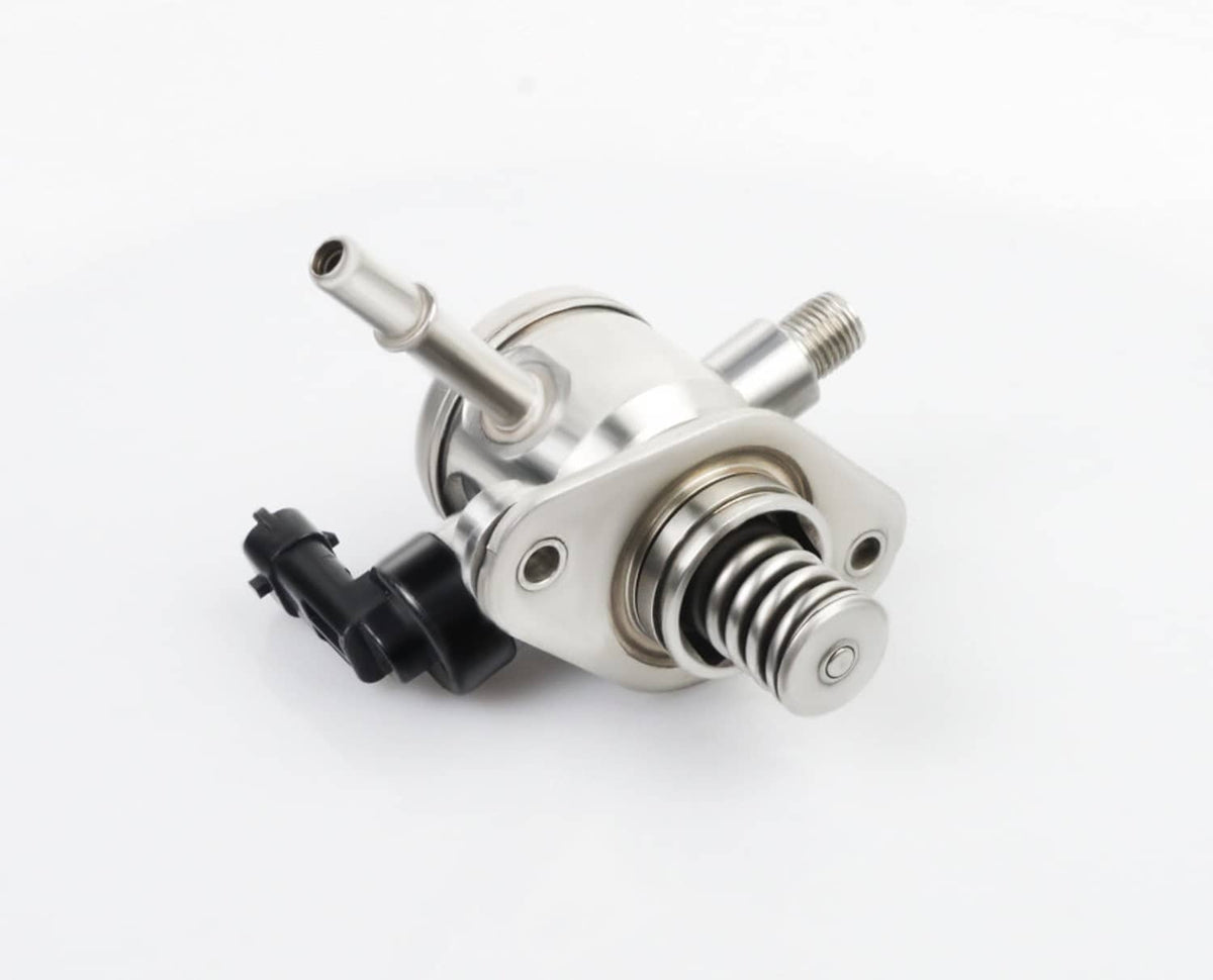 High pressure fuel pump with metal housing and black connector, three-quarter view