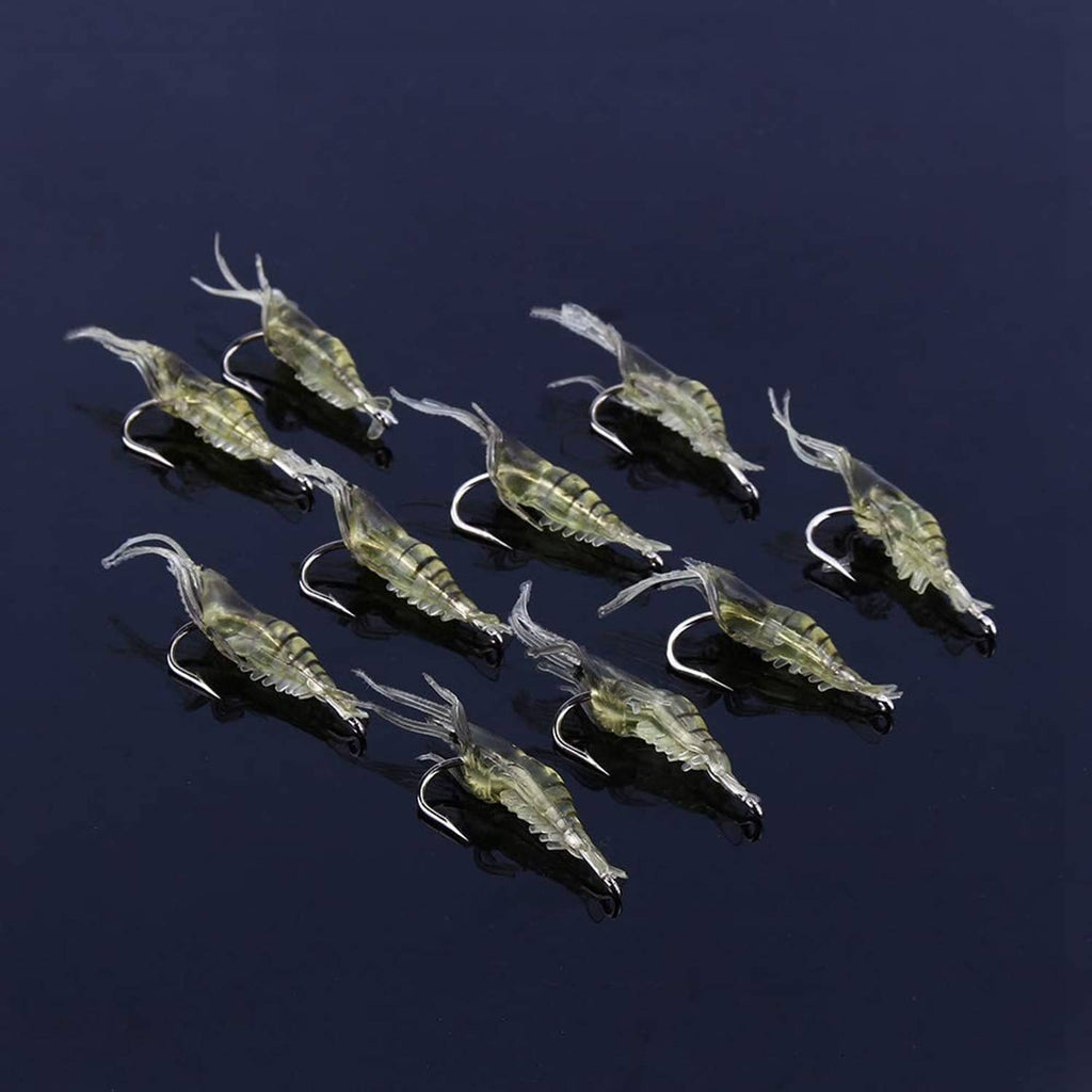 Set of 10 yellow translucent shrimp-style soft plastic fishing lures with treble hooks