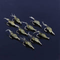 Set of 10 yellow translucent shrimp-style soft plastic fishing lures with treble hooks