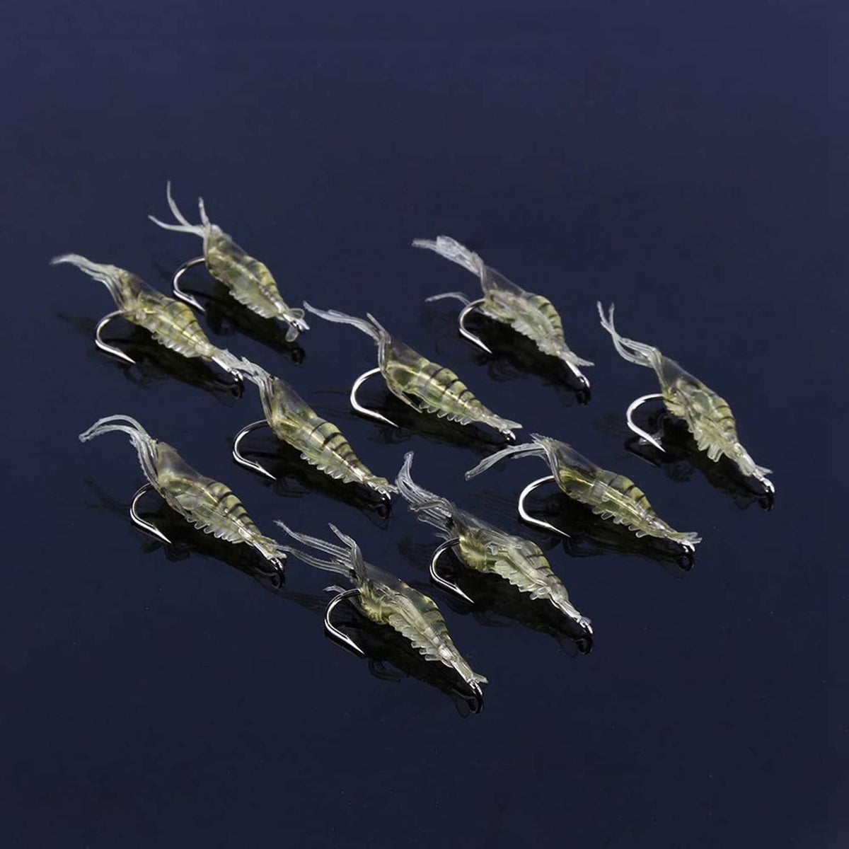 Set of 10 yellow translucent shrimp-style soft plastic fishing lures with treble hooks