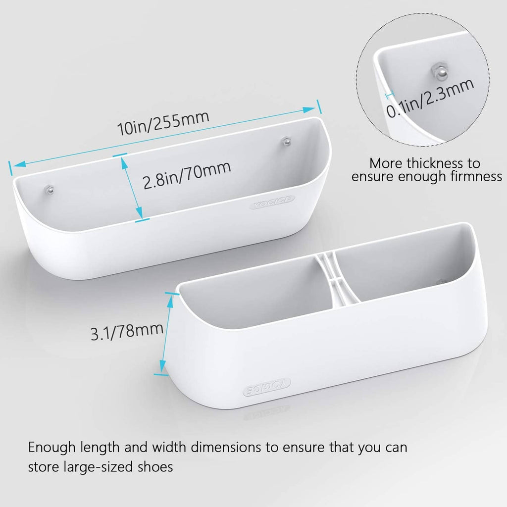 White wall-mounted shoe rack with curved open compartments and mounting holes