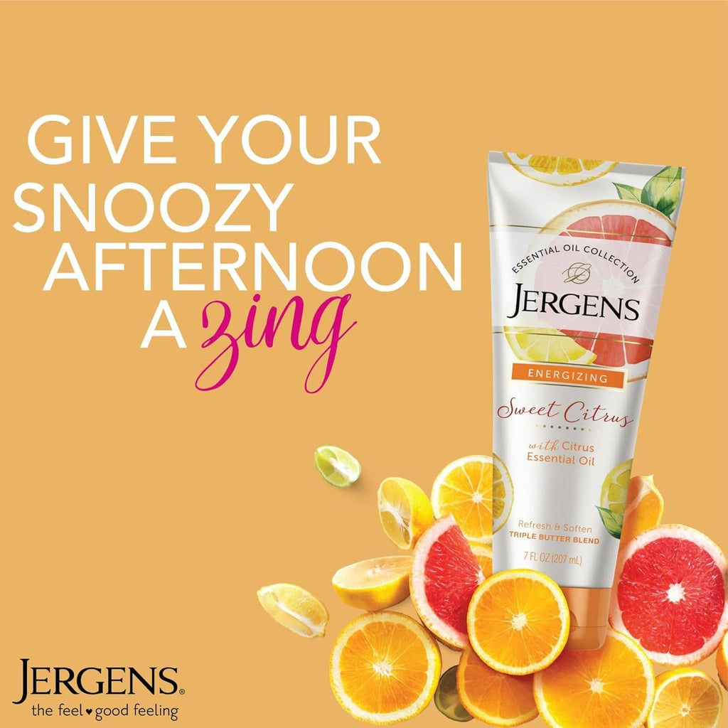 Jergens Sweet Citrus body butter tube with orange and lemon fruit illustrations.