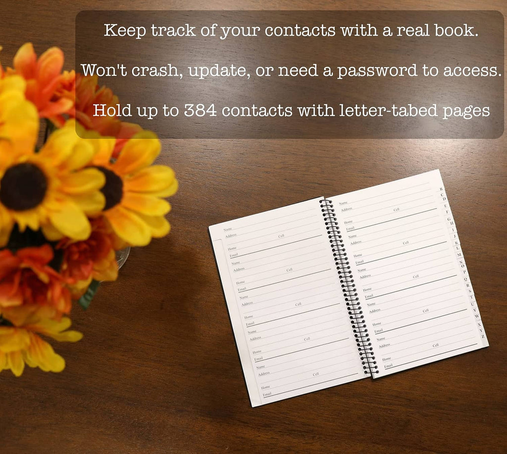 Open address & telephone book with lined contact pages and spiral center binding
