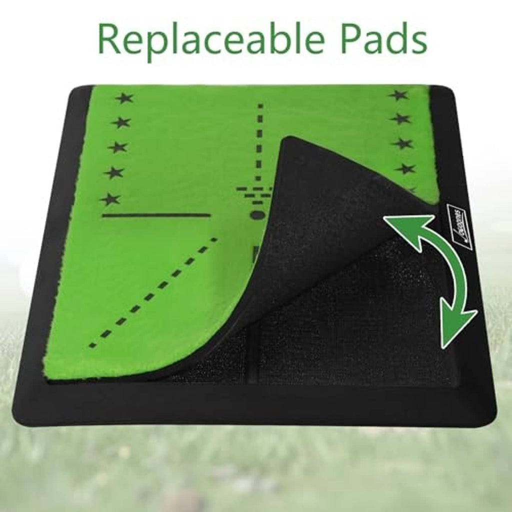 Golf hitting mat with replaceable green velvet pad and black textured backing