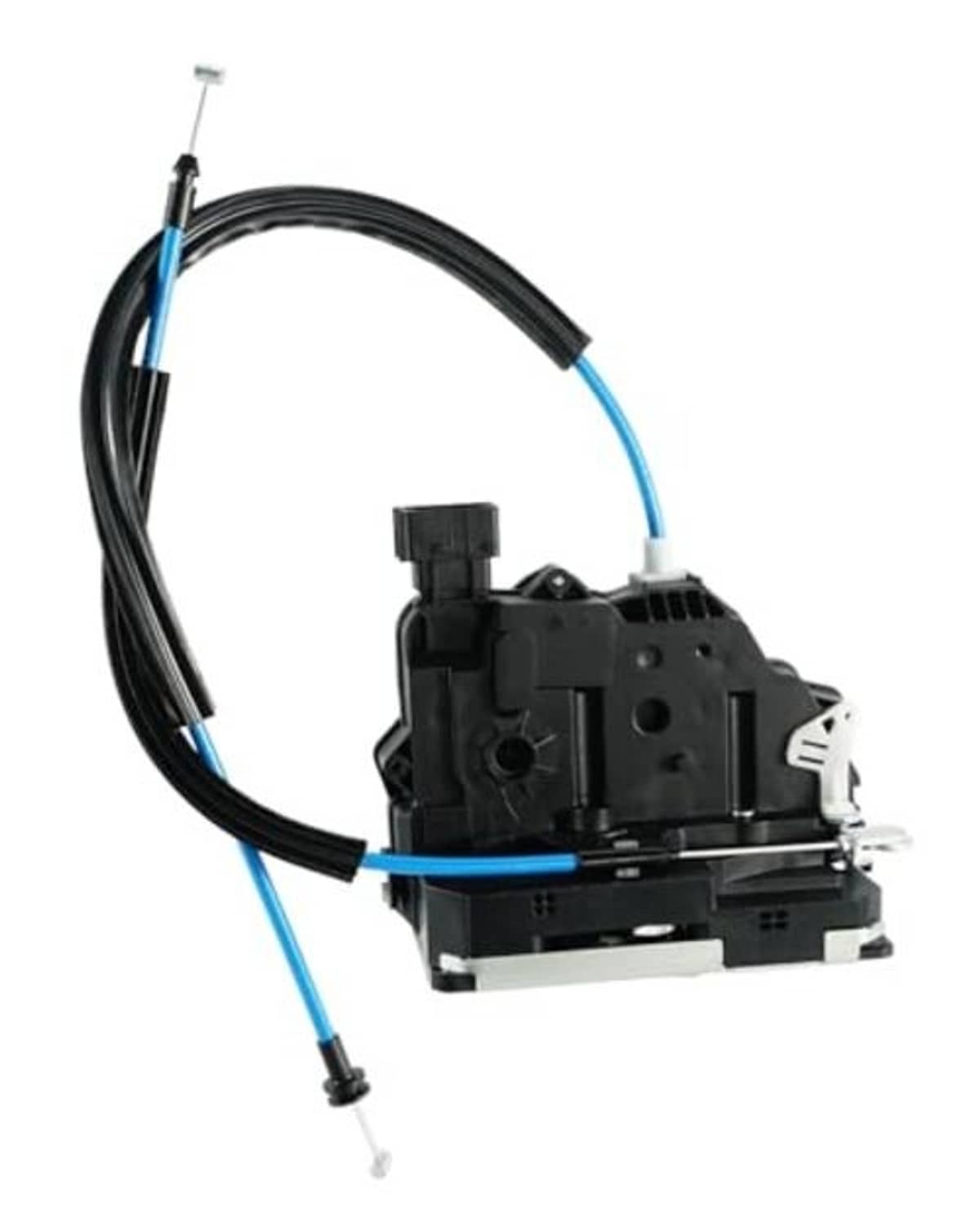 Door latch lock actuator with cables, side view, black housing and blue wire leads
