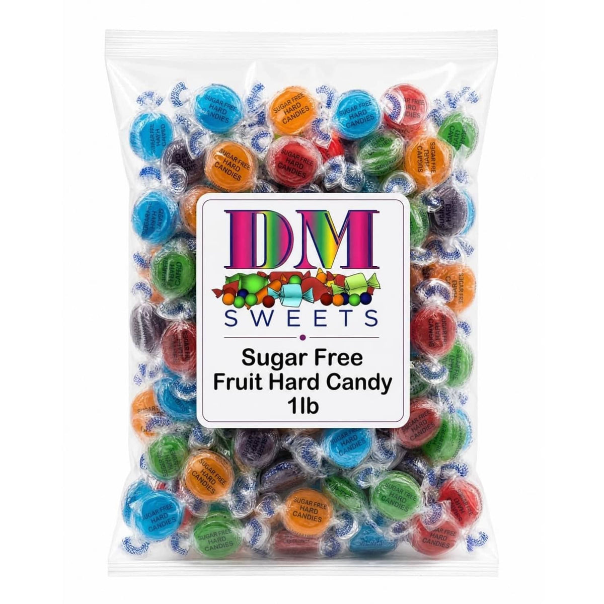 Sugar-free fruit hard candy bag, DM Sweets label, 1 lb, assorted wrapped candies