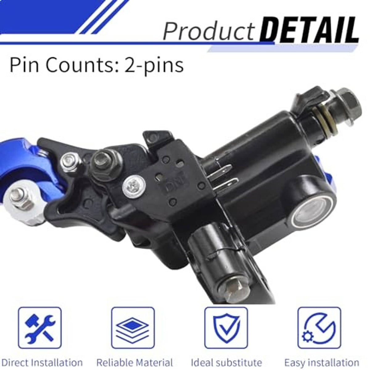 Motorcycle master cylinder housing detail with blue lever arm and black hydraulic body