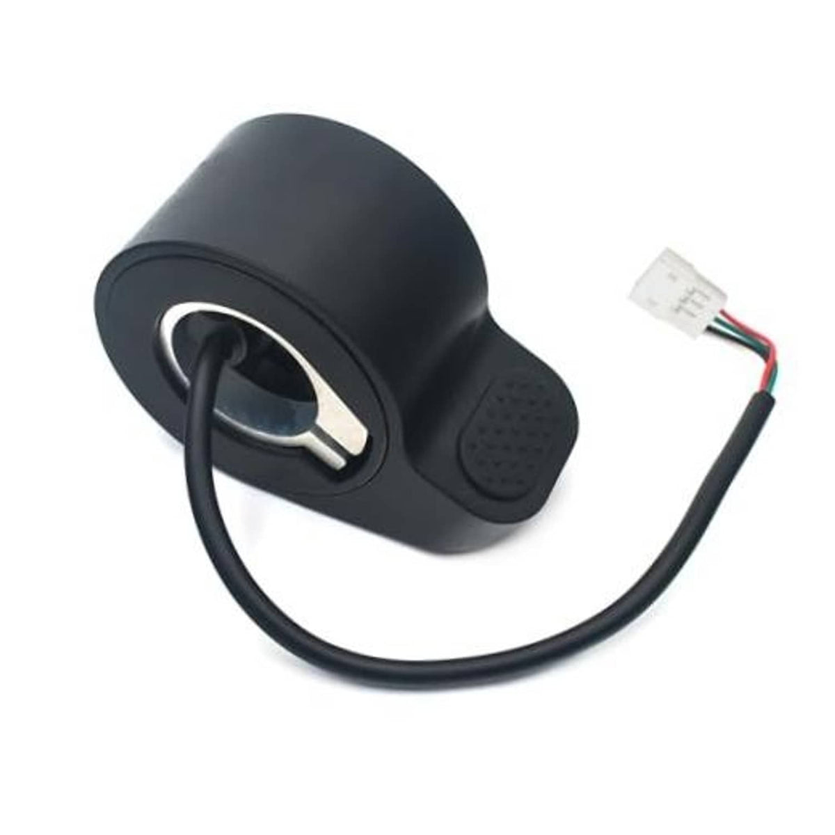 Electric scooter thumb throttle accelerator, dark black housing with cable connector