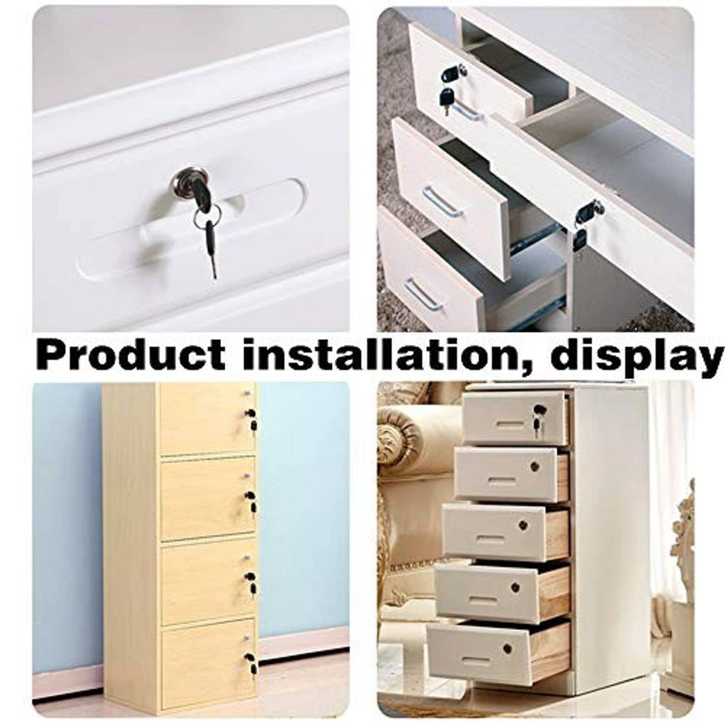 Black drawer lock installed on cabinet drawer front with keys