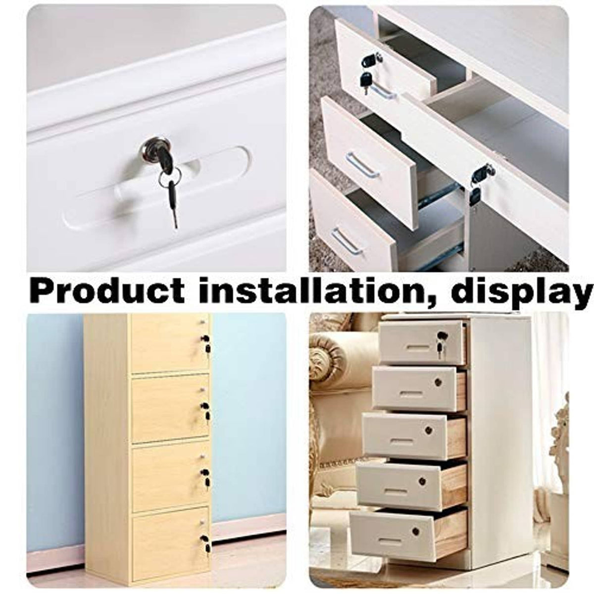 Black drawer lock installed on cabinet drawer front with keys