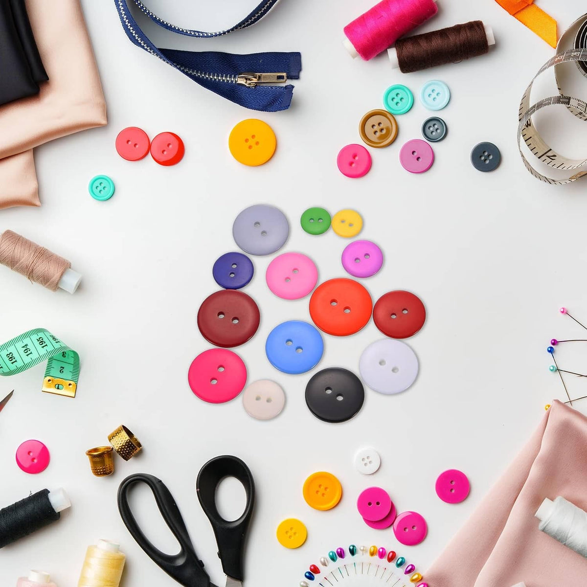 Assorted resin sewing buttons, round with two holes, multicolor layout