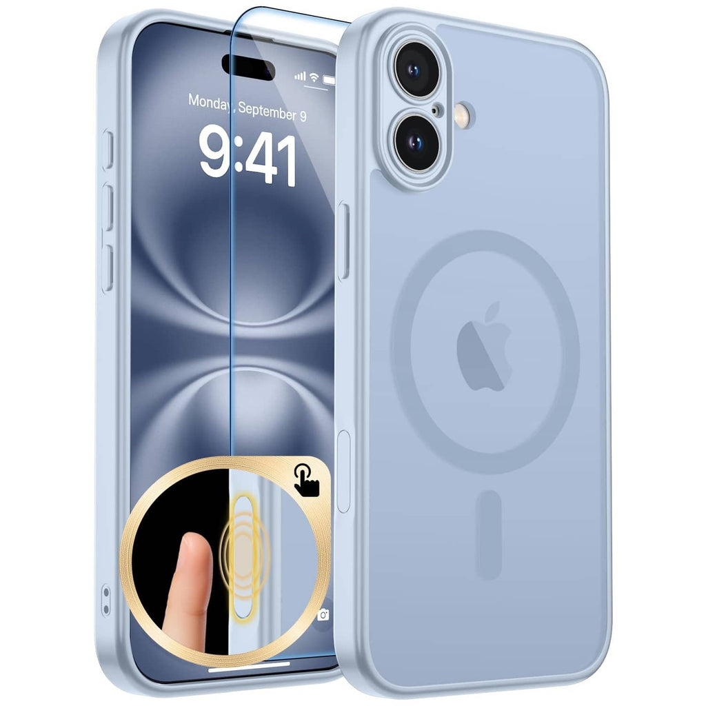 Silver blue iPhone 16 Plus phone case showing camera openings and side button cutouts