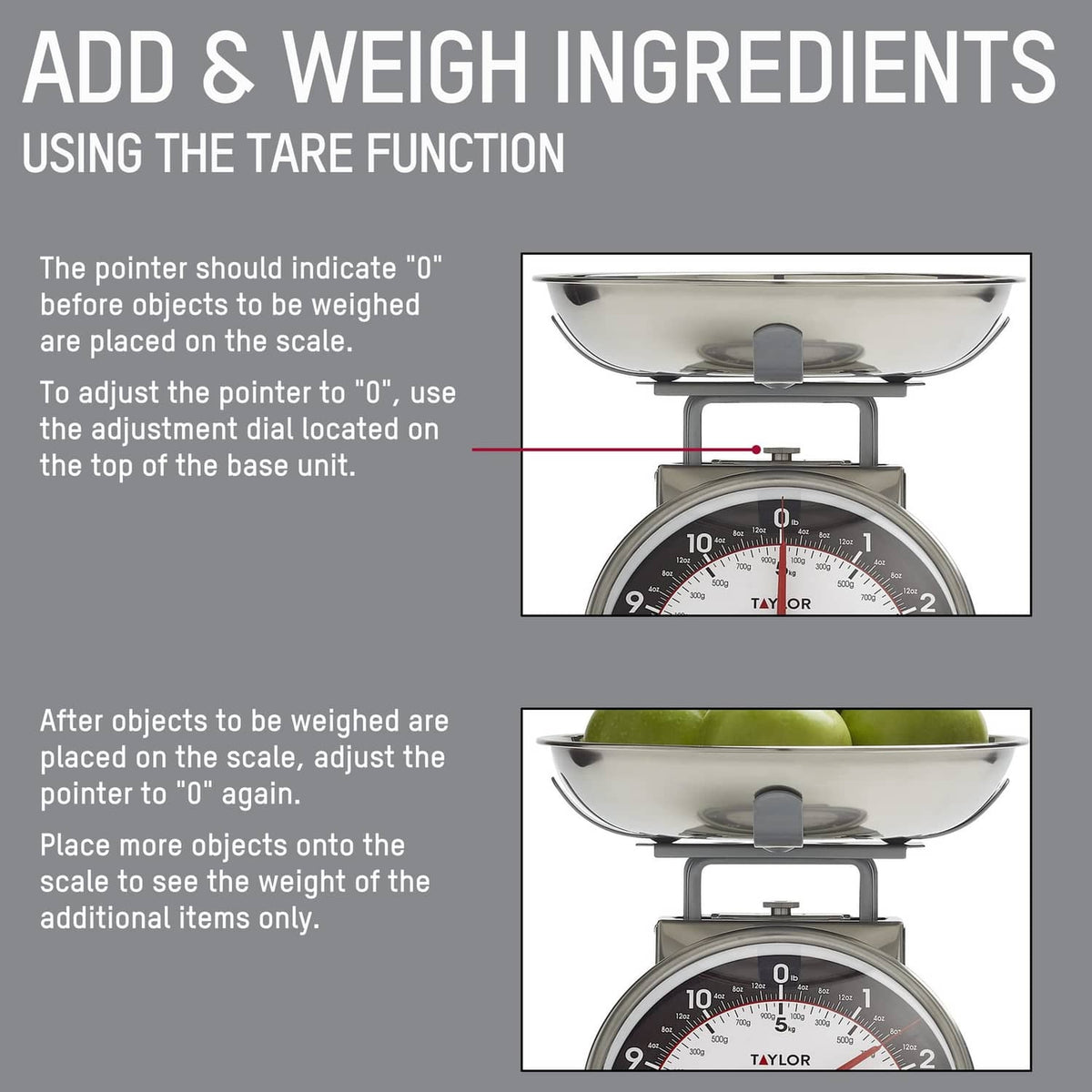 Mechanical kitchen food scale with bowl and analog dial, tare adjustment dial detail