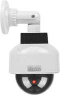 White fake security camera with solar panel, black dome lens, glowing red LED light