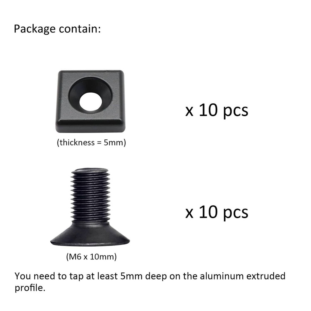 Black square T-slot end cap bracket and M6 screws, 10 pcs each