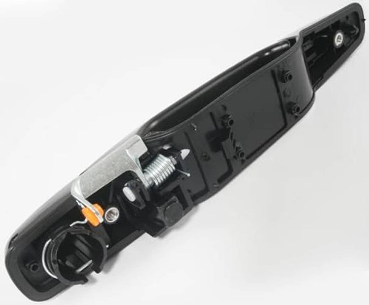 Black exterior door handle assembly with latch and spring mechanism exposed