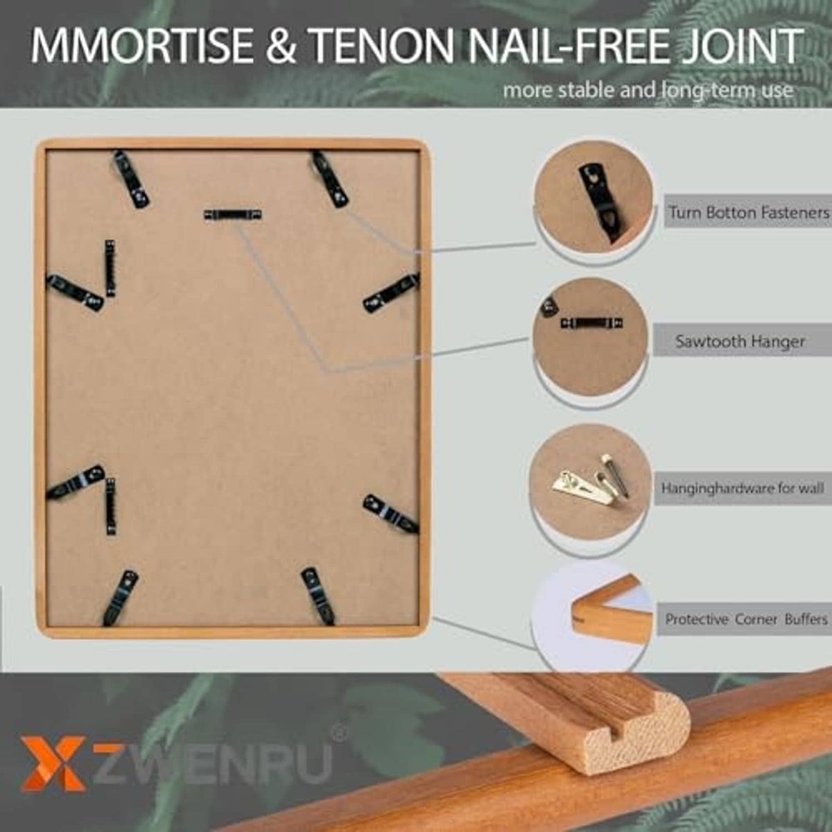 Solid teak picture frame with mortise and tenon joints and back hanging hardware