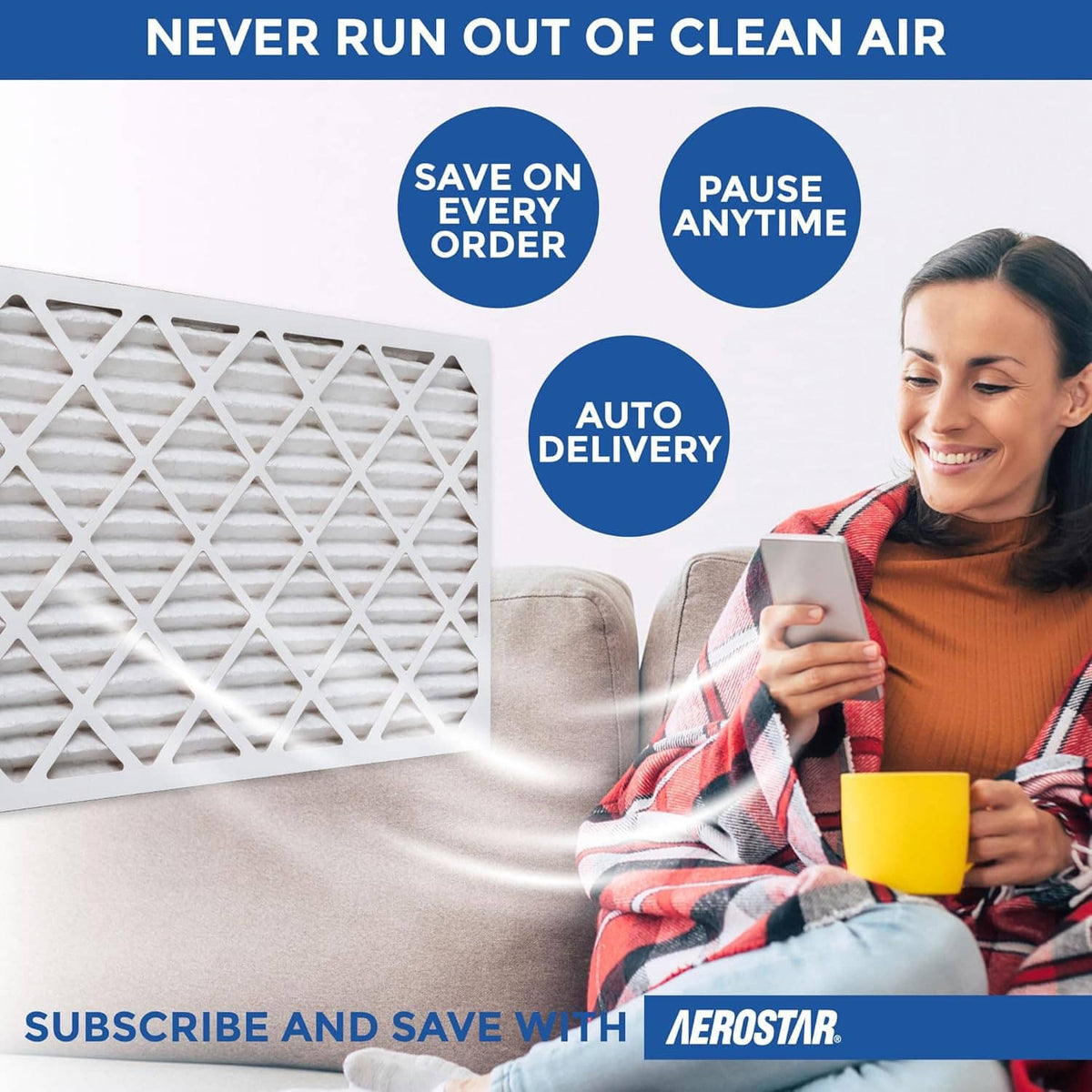 Pleated air filter with clean-air messaging and auto delivery icons