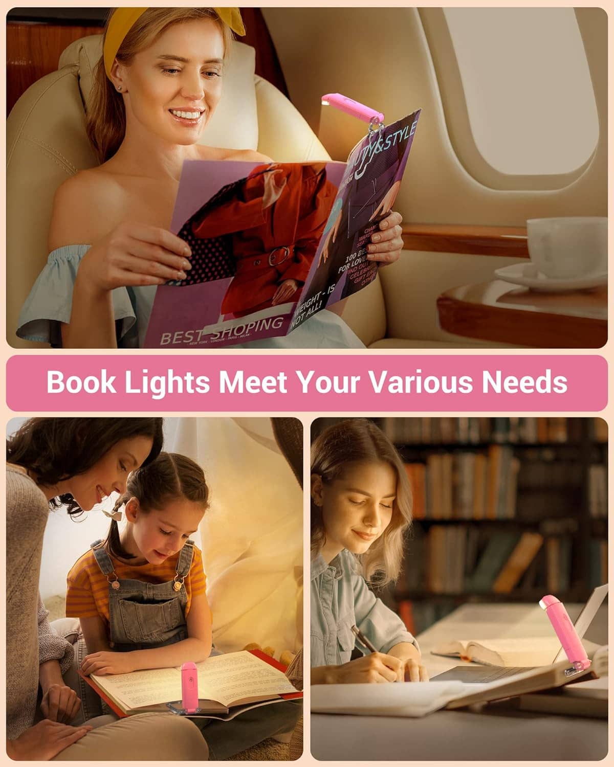 Pink clip-on LED book light used for reading while seated on an airplane