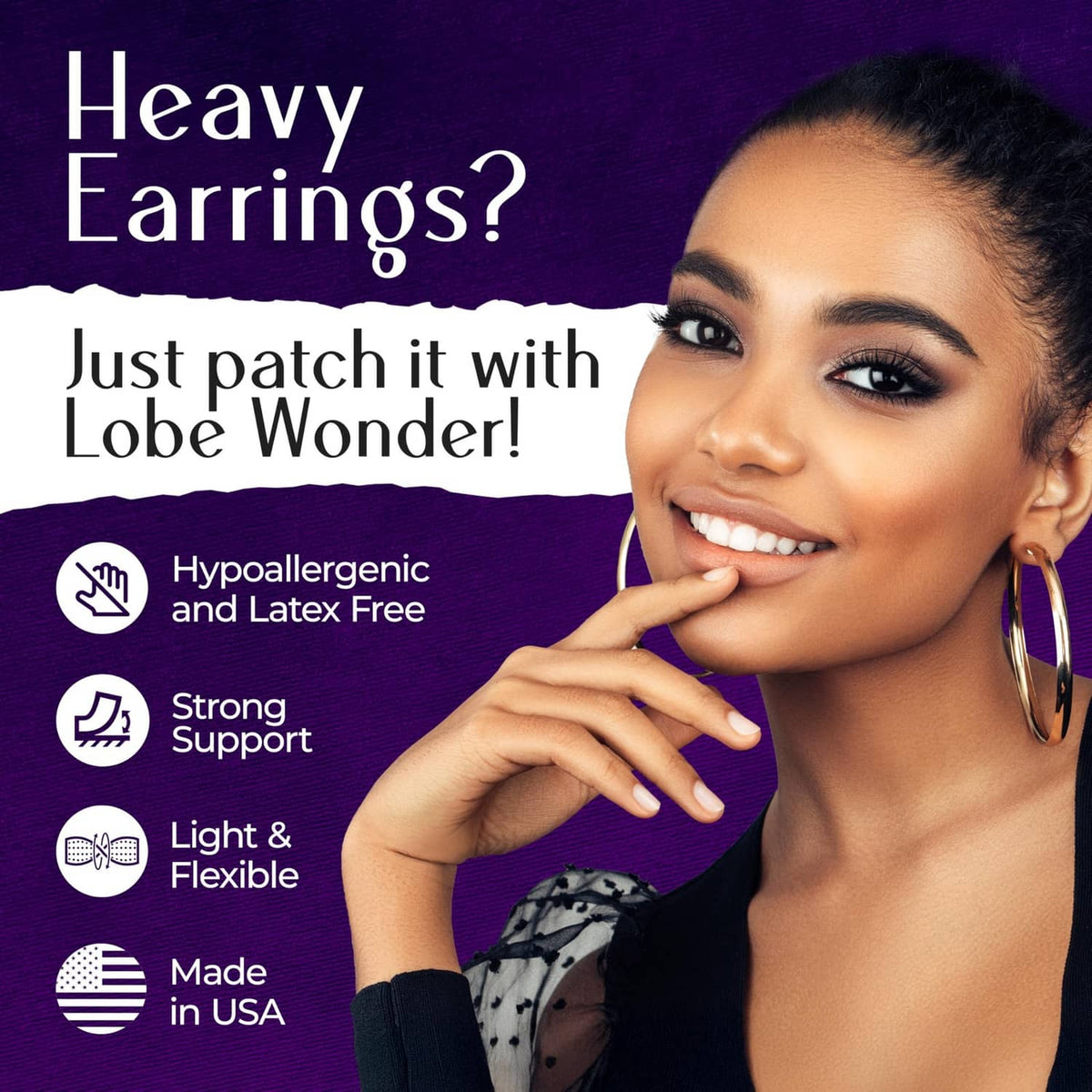 Clear ear support patch on a model’s earlobe; hypoallergenic and latex-free