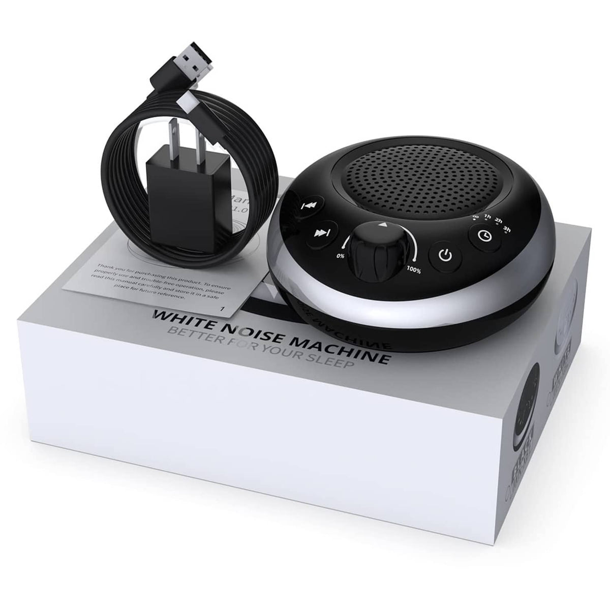 White noise machine with speaker grille and control panel, plus USB cable on box