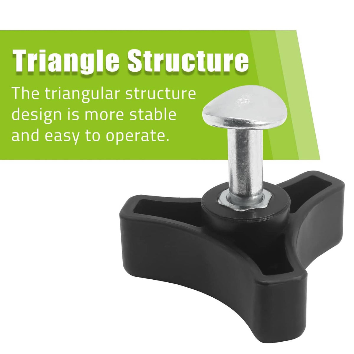 Black triangular lawn mower handle knob with silver threaded post screw