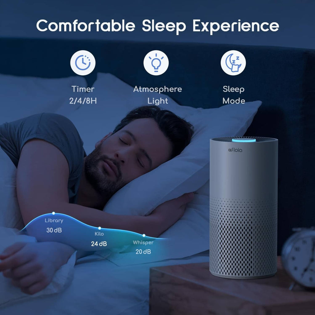 White air purifier on a bedside table with blue LED top in sleep setting