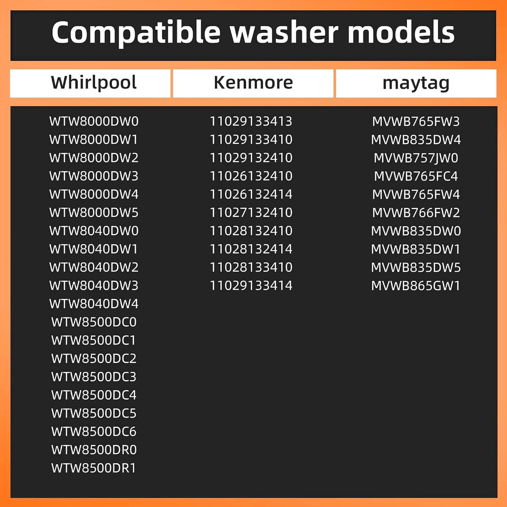 Washer model compatibility chart for Whirlpool, Kenmore, and Maytag