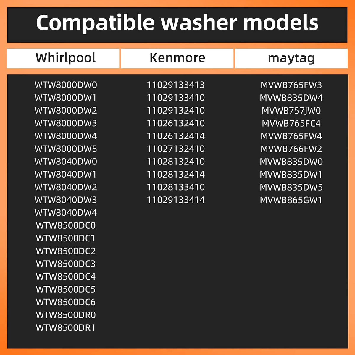Washer model compatibility chart for Whirlpool, Kenmore, and Maytag
