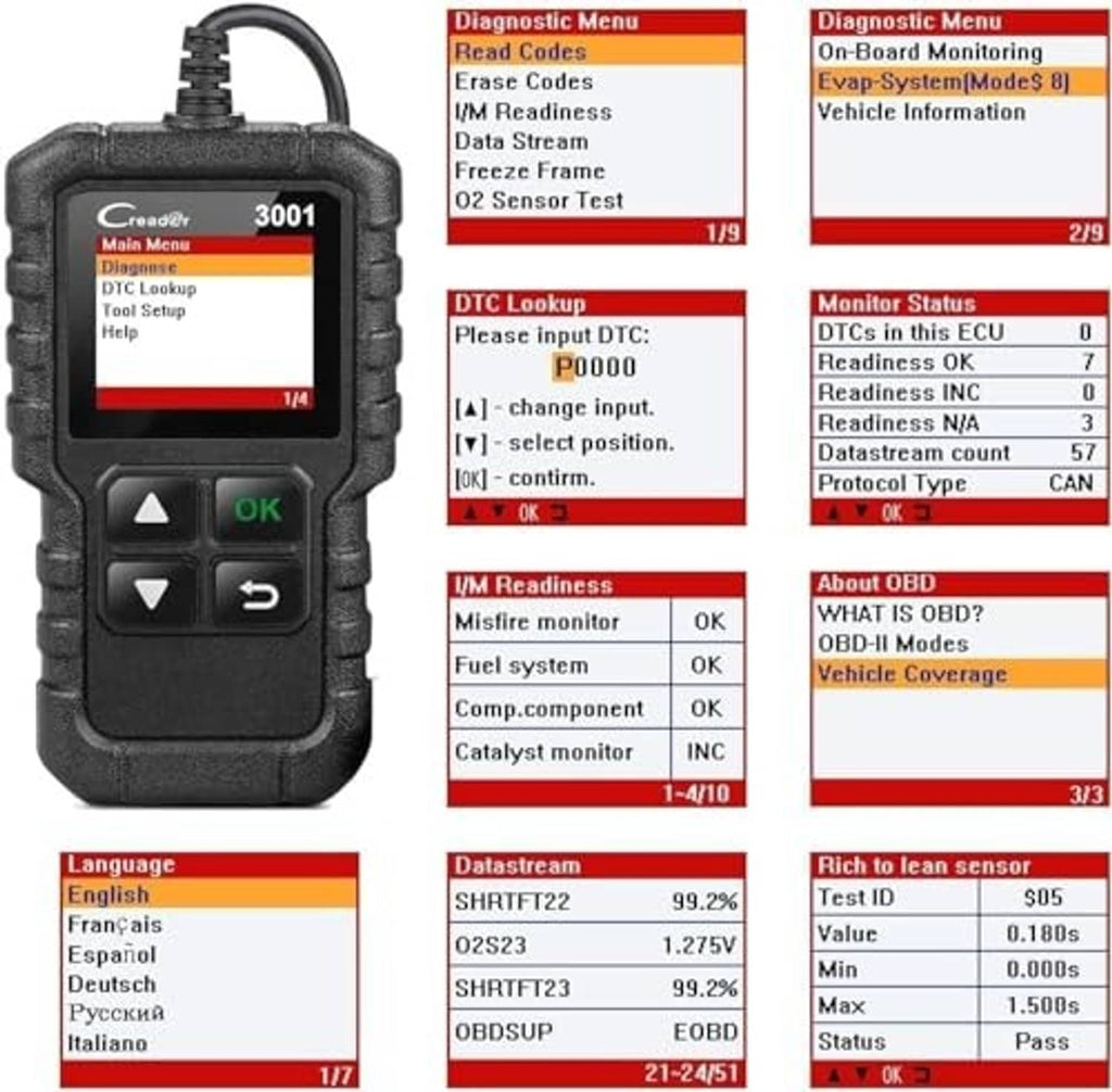 Launch Creader 3001 OBD2 scanner front with diagnostic menu screen details