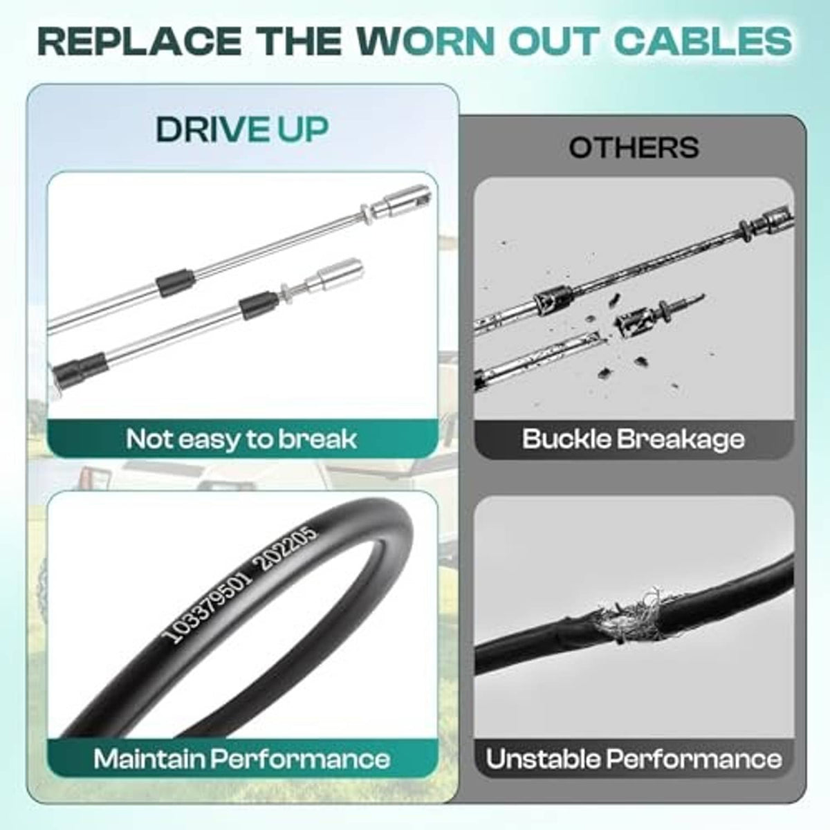 Transmission shift cable with flexible black housing and crimped metal ends