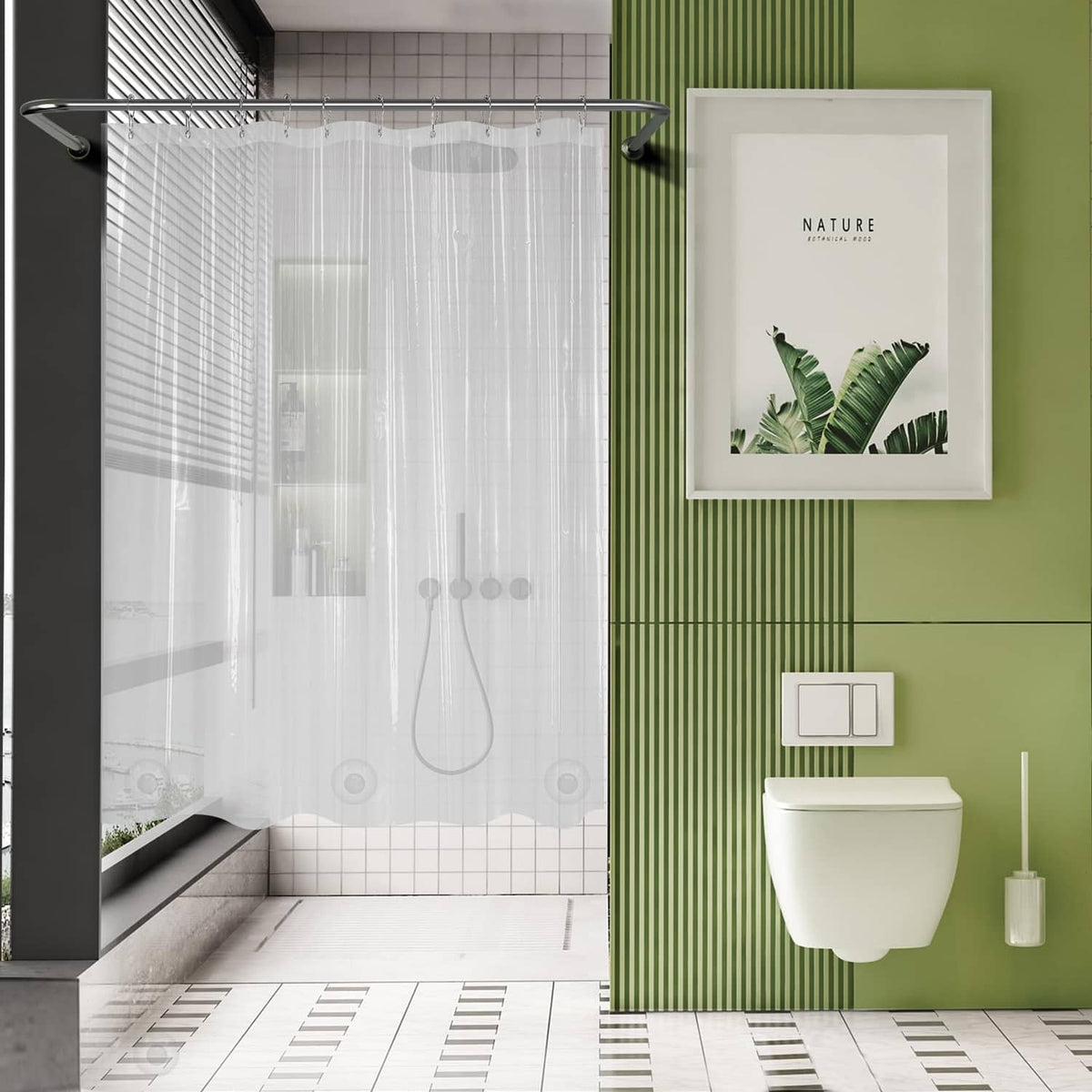Clear shower curtain hanging inside a small bathroom stall shower.