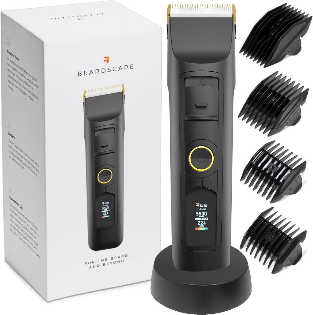 Beardscape V2 beard trimmer with ceramic blade, charging base, and guard combs