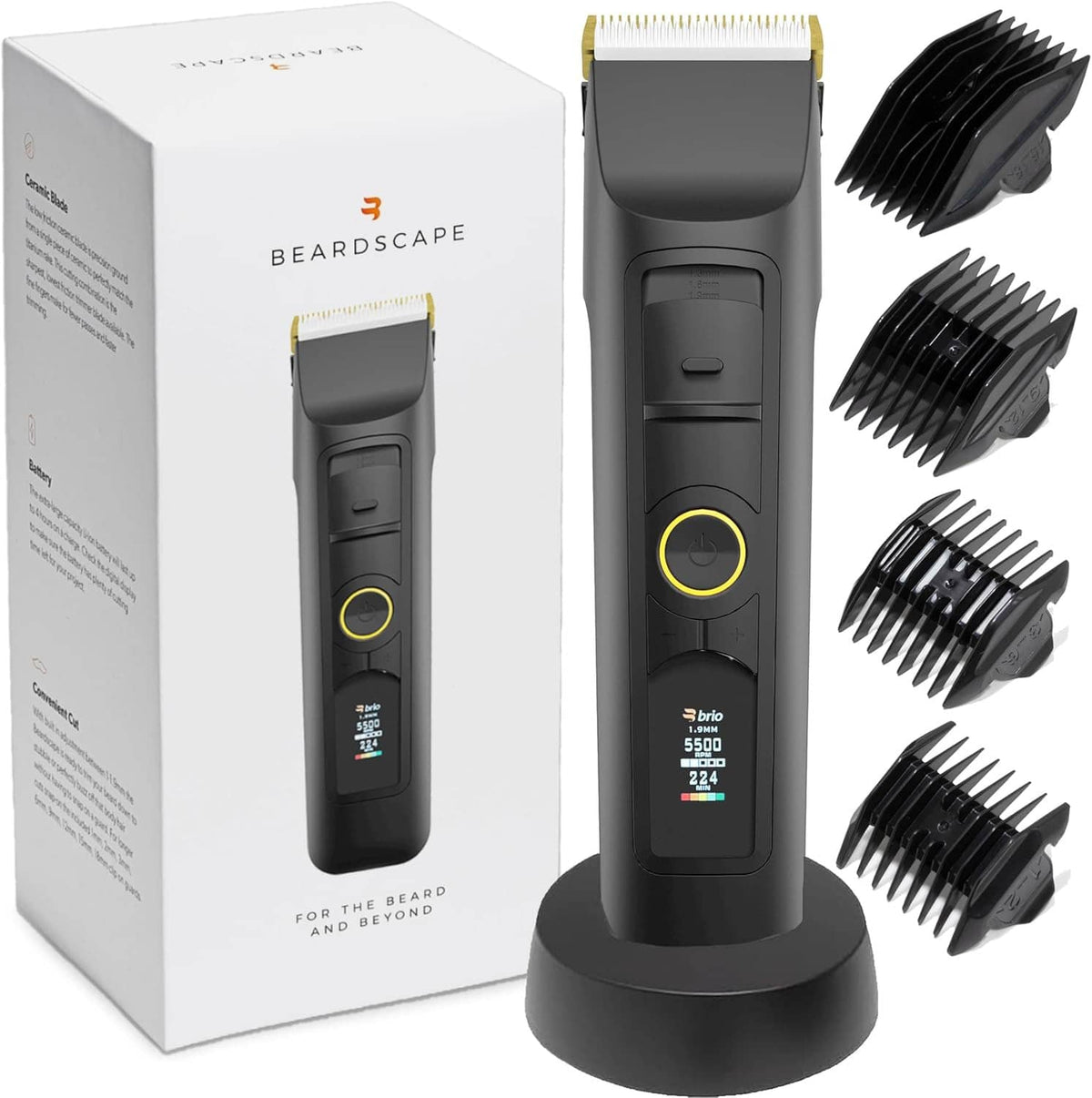 Beardscape V2 beard trimmer with ceramic blade, charging base, and guard combs