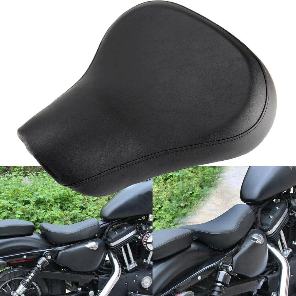 Black front rider solo seat with curved profile and stitched side seam on leather-look cover.